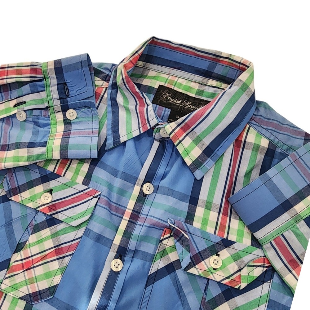 English Laundry Boys 14/16‎ Plaid Long Sleeve Button Front Shirt Blue